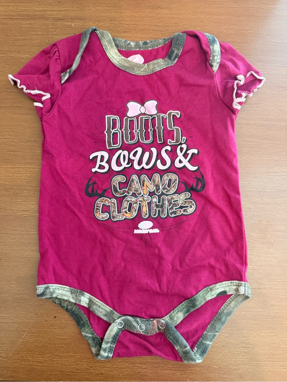 Mossy Oak Pink "Boots, Bows & Camo Clothes" Baby Onesie, Size 6-9M